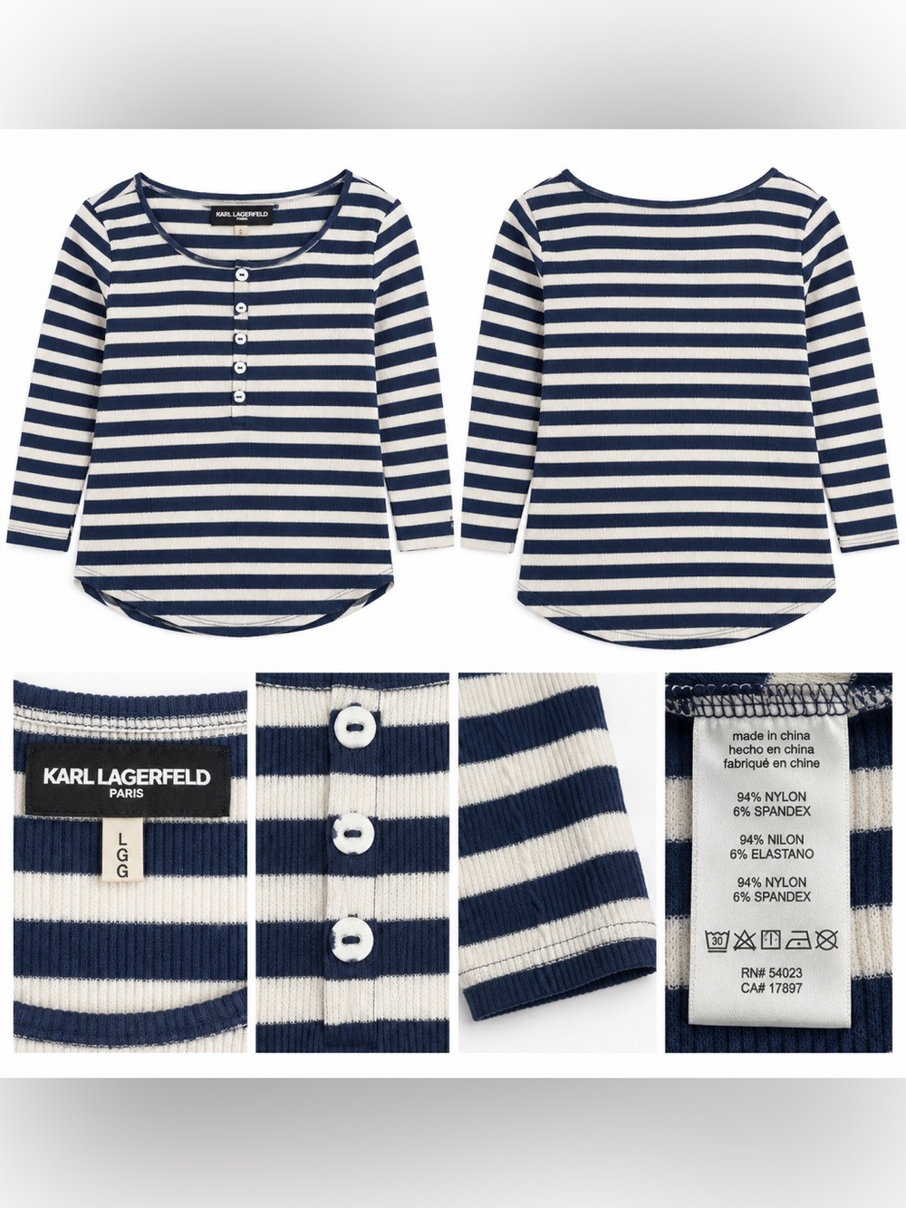 Karl Lagerfeld Paris Navy & White Striped Henley Top – Women’s Large